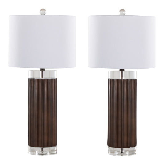 Cylinder Fluted 29.25' Contemporary Polyresin Table Lamp in Brown Lustre Polyresin, Clear K9 Crystal and White Linen Shade from Grandview Gallery by LumiSource - Set of 2