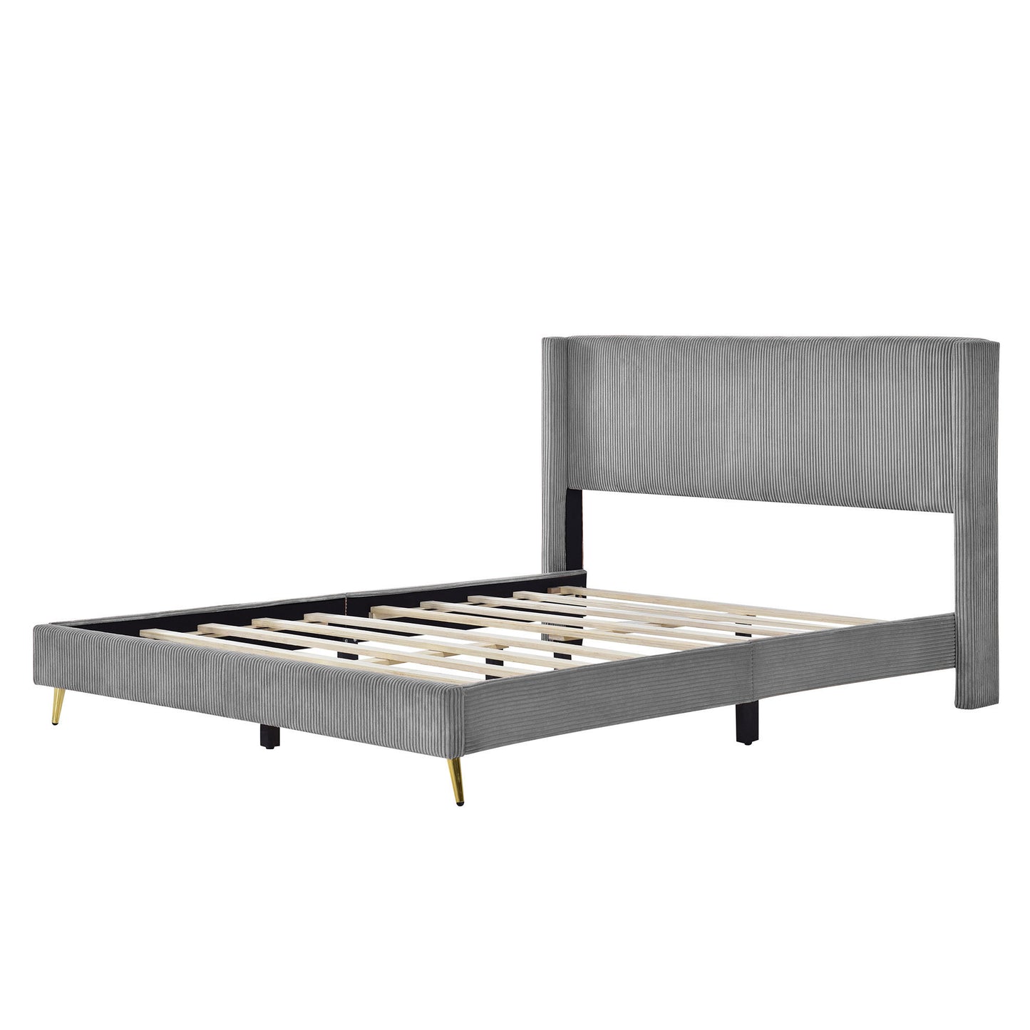 Queen Size Corduroy Platform Bed with Metal Legs, Gray