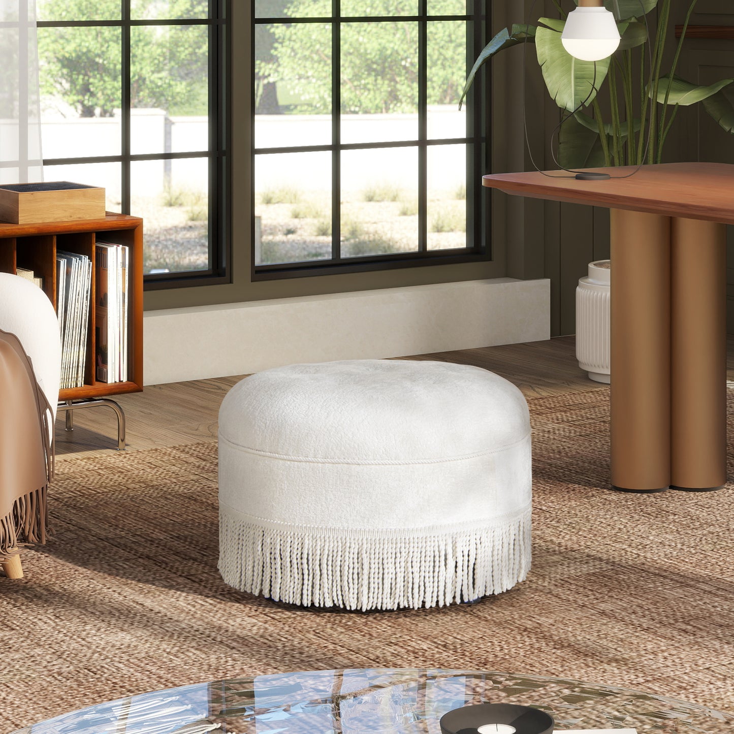Yolanda 24' Round Upholstered Accent Ottoman, Almond White Chenille