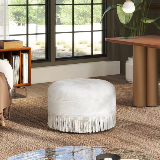 Yolanda 24' Round Upholstered Accent Ottoman, Almond White Chenille
