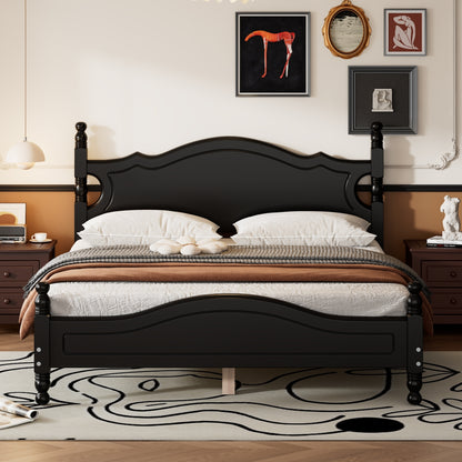 Queen Size Wood Platform Bed Frame,Retro Style Platform Bed with Wooden Slat Support,Black