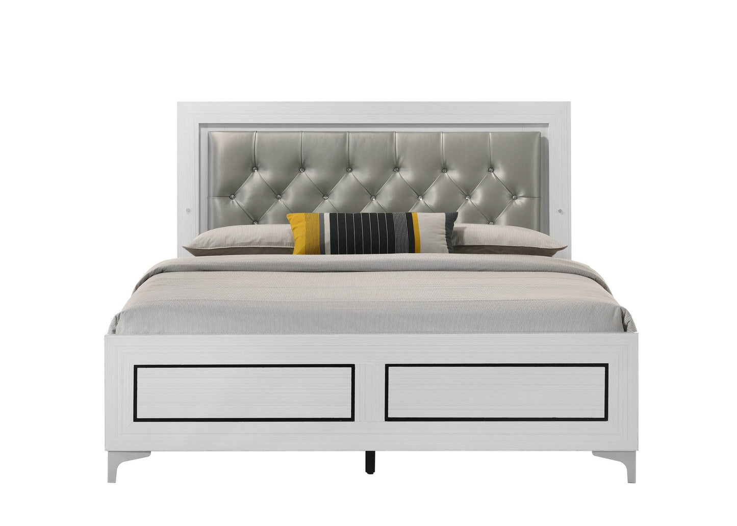 Grey and White Queen Bed with LED Light Padded Headboard