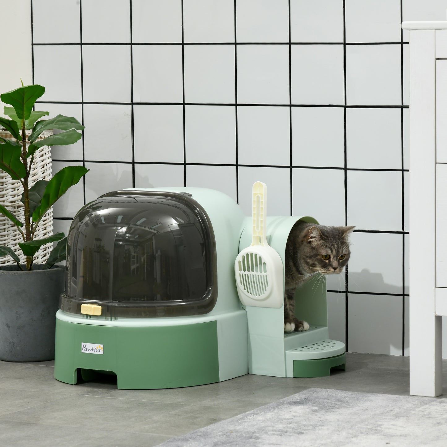 PawHut Cat Litter Box with Lid, Covered Litter Box, Easy to Clean & Open Including Openable Front Cover, Litter Scoop, Green