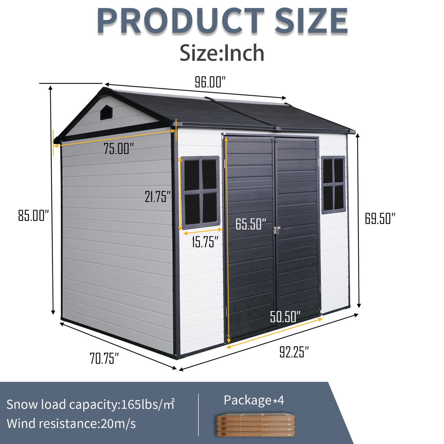8 x 6 ft Resin Outdoor Storage Shed Waterproof Shed with Floor & Two Windows & Lockable Door, Tool Shed for Garden, Patio, Backyard,Grey White