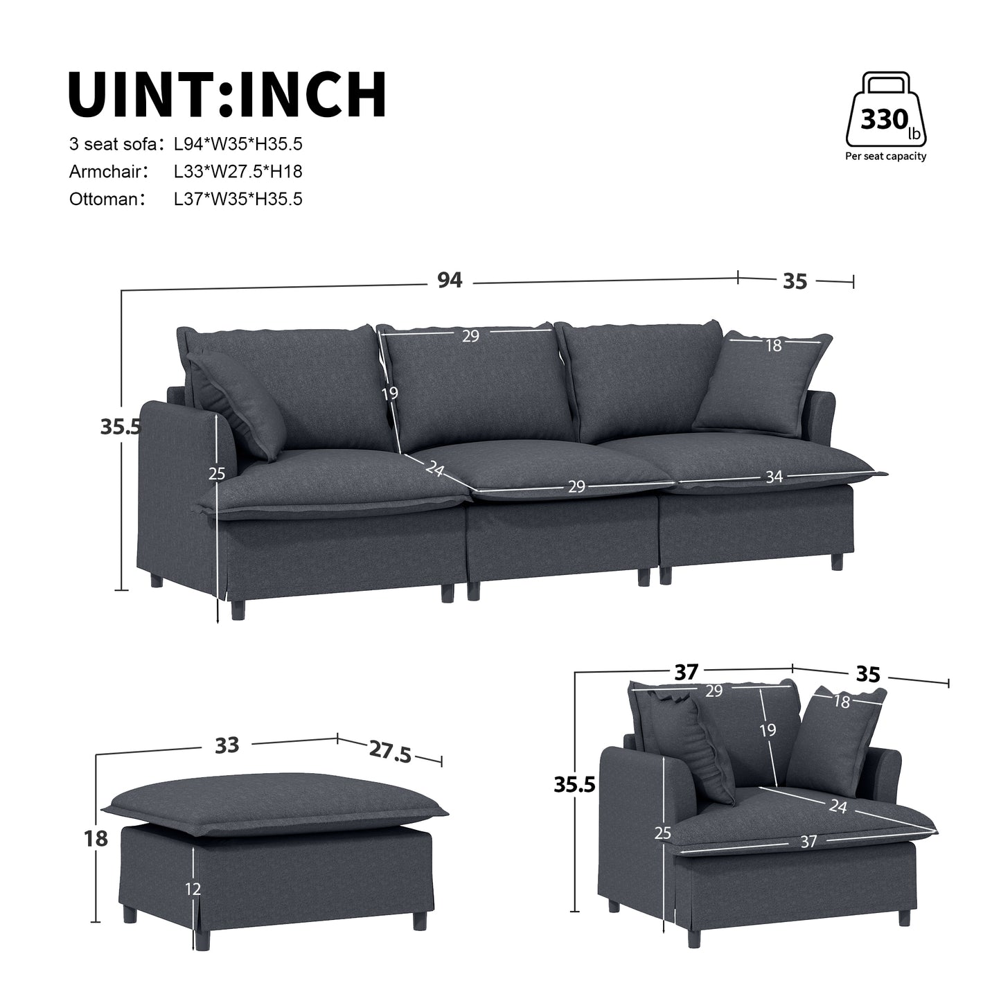 33*27.5" Ottoman Module for Modular Sectional Sofa,Wide Seat,Chenille,2 Colors