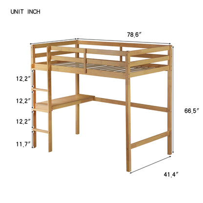 Twin High Loft Bed, Rubber Wood  Loft Bed with Safety Guardrail, built-in desk, ladder,White Oak