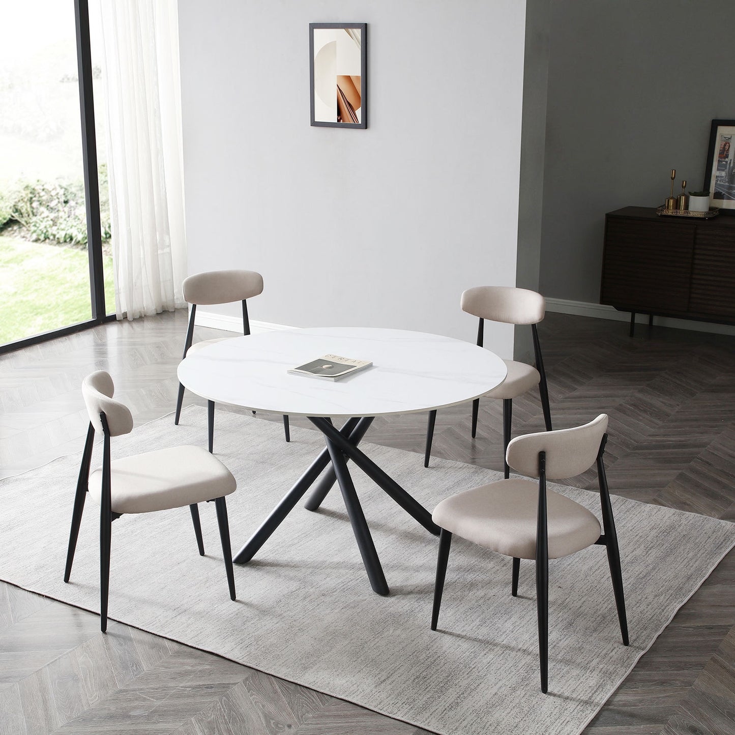 53.15" Modern Round Dining Table White Sintered Stone Tabletop with 4pcs Metal Cross Legs