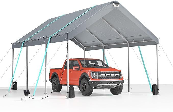 12*20 Heavy Duty Carport Canopy - Extra Large Portable Car Tent Garage with Adjustable Peak Height from 9.5ft to 11ft,Metal Roof &Side Walls for Car, SUV,Boats&Truck Party Tent Shelter Logic Storage