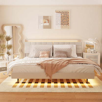 Queen Floating Bed Frame with LED Light and Charging Station Upholstered Platform Bed Frame Queen Size with Headboard and Hidden Storage Space, No Box Spring Needed, Beige