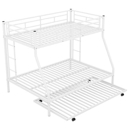 White Twin over Full Bunk Bed with Steel Frame and Twin Trundle, Two-Side Ladders, Metal Construction, 78.1''L x 96.8''W x 63''H