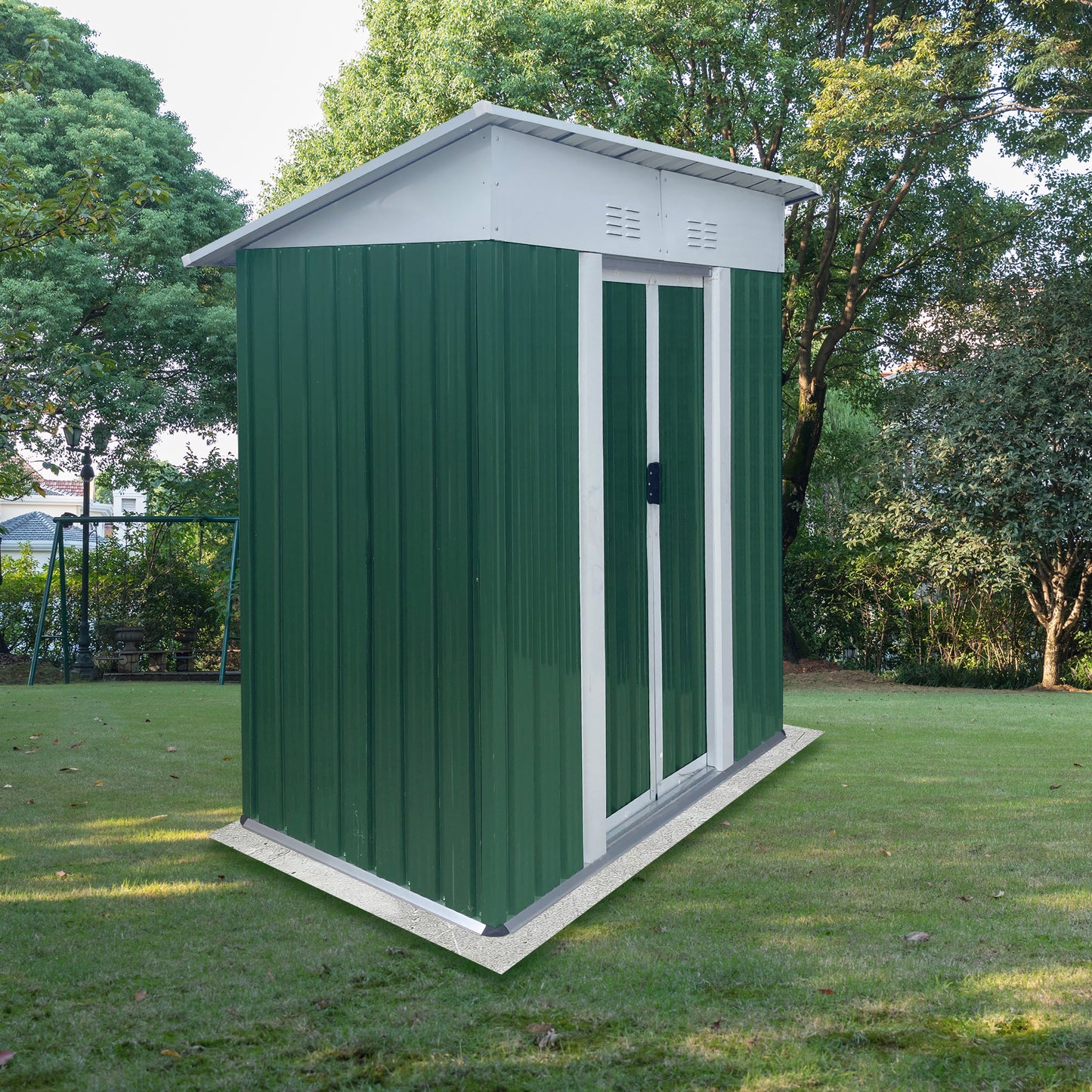 5X3 Feet Small Mini Outdoor Storage Sheds Pent Roof Green With Aluminum Alloy Frame And Sliding Door