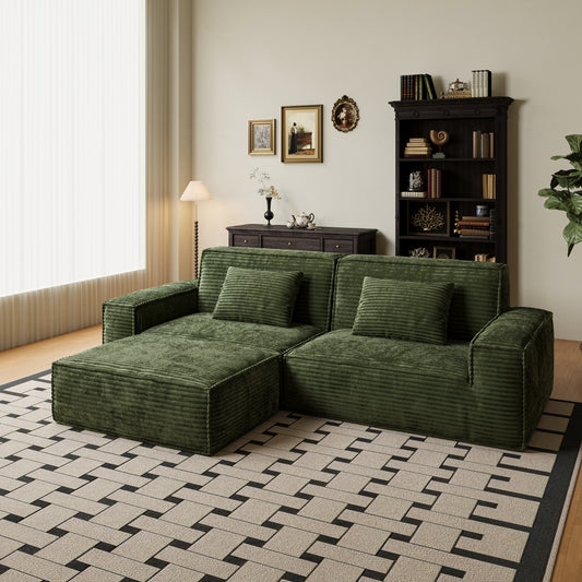 106.3in Compressed sofa with large stripes, modern style, comfortable home style, vacuum compression, full sponge, high rebound-Straight row with foot pedal-green
