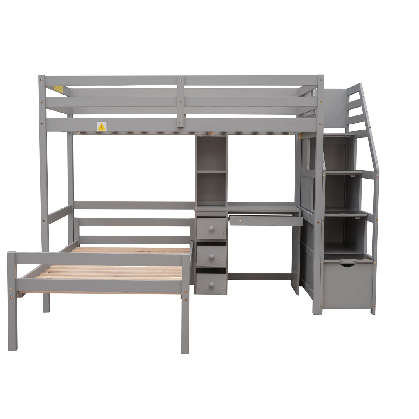 Gray Twin Size Loft Bed with Stand-alone Bunk, Storage Staircase, Desk, Shelves, and Drawers - Pine Wood & MDF