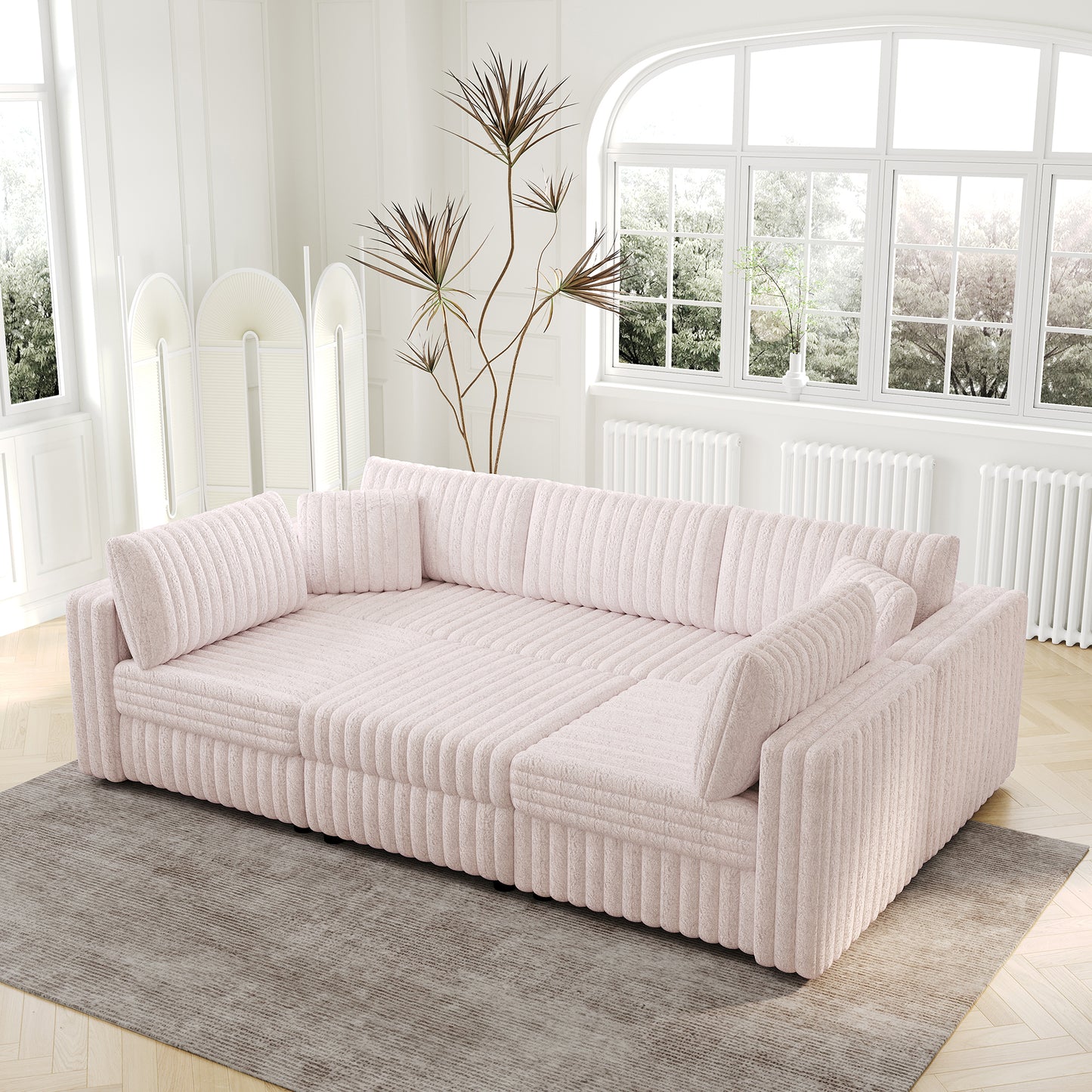 106.3" Soft  U-shaped 6-Person Sofa. Matches 30.7" Ottoman with Hydraulic Lift. Comfortable & Stylish. For Bedroom & Living Room. Light Pink.Modern Furniture. Modular Design.