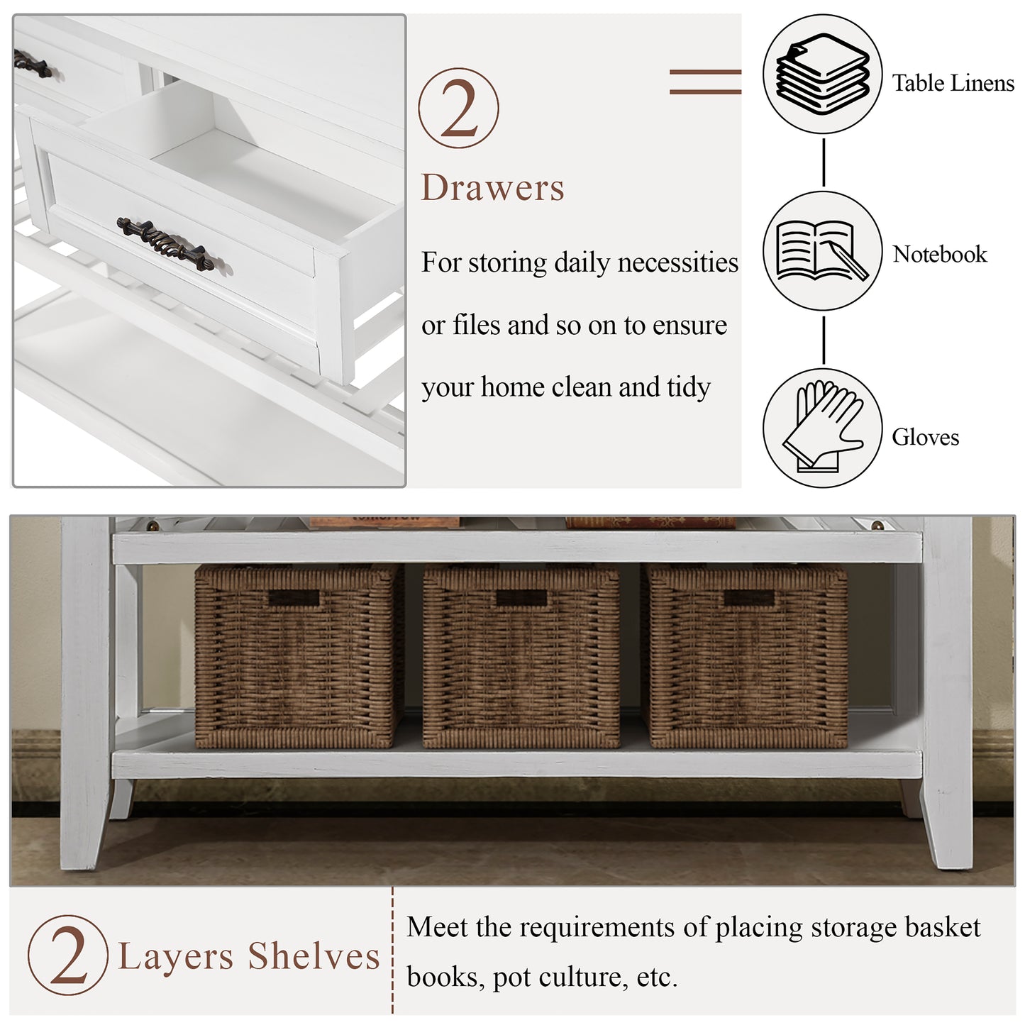 Console Sofa Table with 2 Storage Drawers and 2 Tiers Shelves, Mid-Century Style 42'' Solid Wood Buffet Sideboard for Living Room Furniture Kitchen Dining Room Entryway Hallway, Antique White