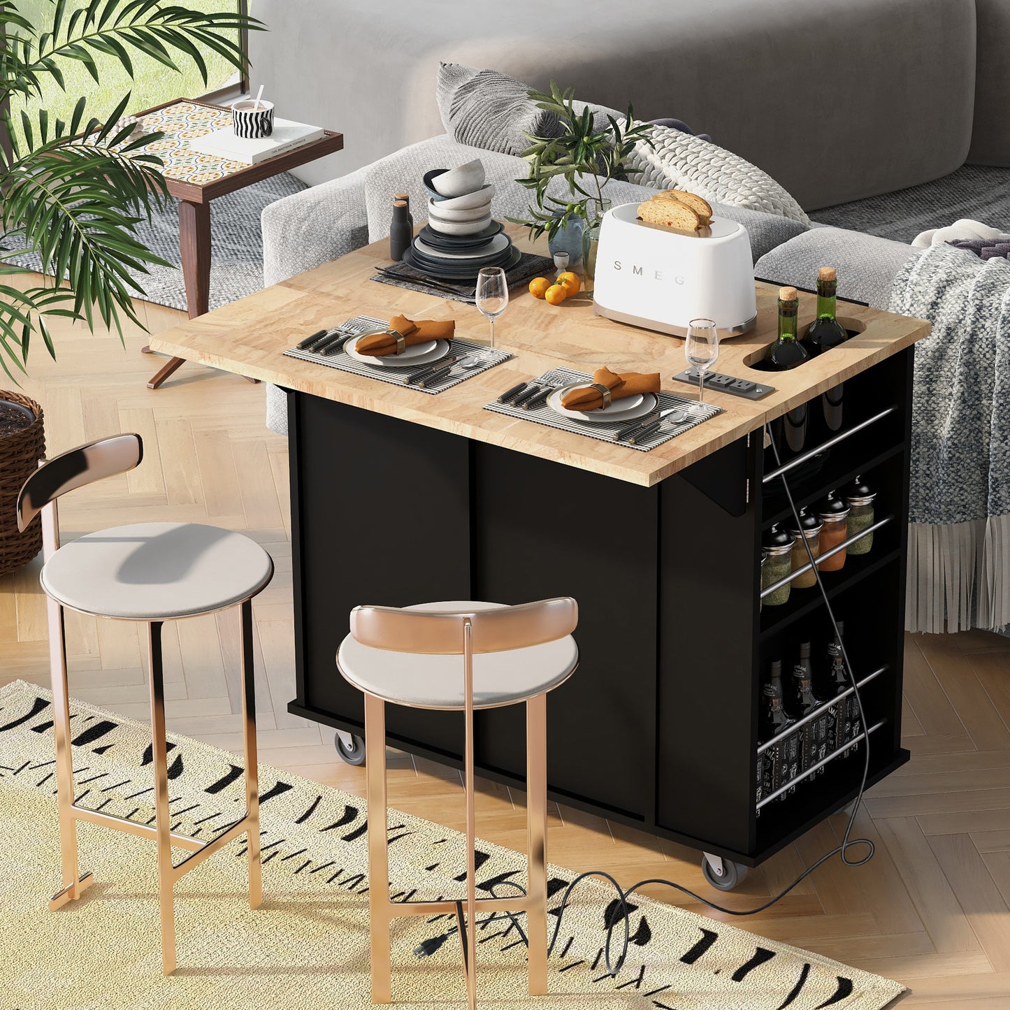 Kitchen Island with Power Outlet,Kitchen Storage Island with Drop Leaf and Rubber Wood,Open Storage and Wine Rack,5 Wheels,with Adjustable Storage for Home, Kitchen, and Dining Room, Black