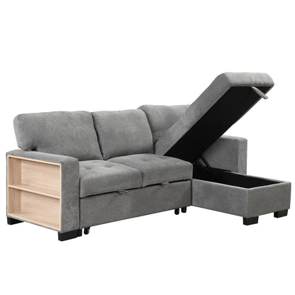 Stylish and Functional Light Chaise Lounge Sectional with Storage Rack Pull-out Bed Drop Down Table  and USB Charger Gray