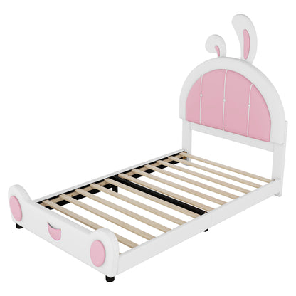 Twin Size Upholstered Platform Bed with Rabbit Shaped Headboard, White