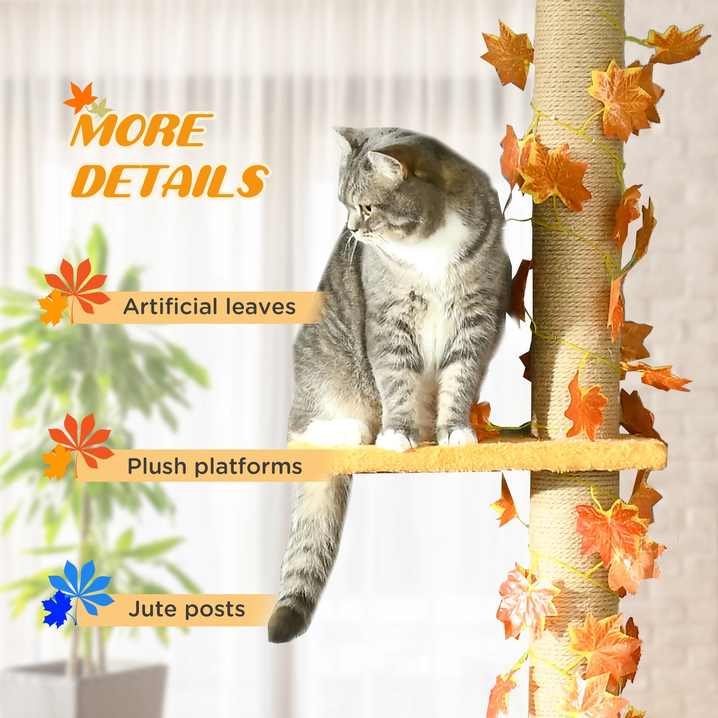 Pawhut Floor to Ceiling Cat Tree, 80" - 95" Adjustable Tall Cat Tower, 3-Level Cat Climbing Towe  for Indoor Cats with Sisal Scratching Post, Platforms, Leaves, Orange