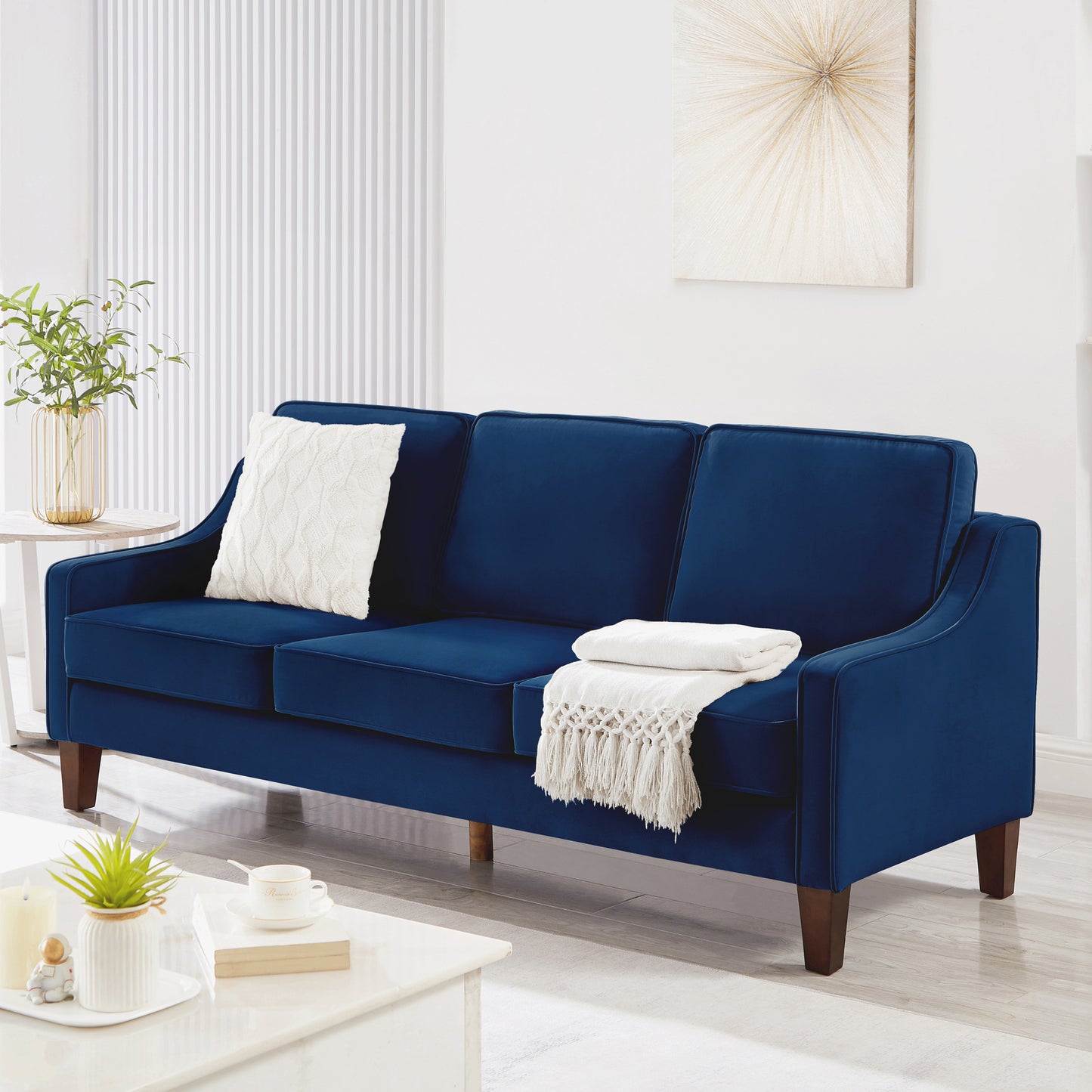 Modern 3 Person seat  Sofa Couch with Scooped Armrest/Wood legs,Upholstered Velvet 3-seat Sofa with Removable Cushions for Livingrooom Bedroom,Navy