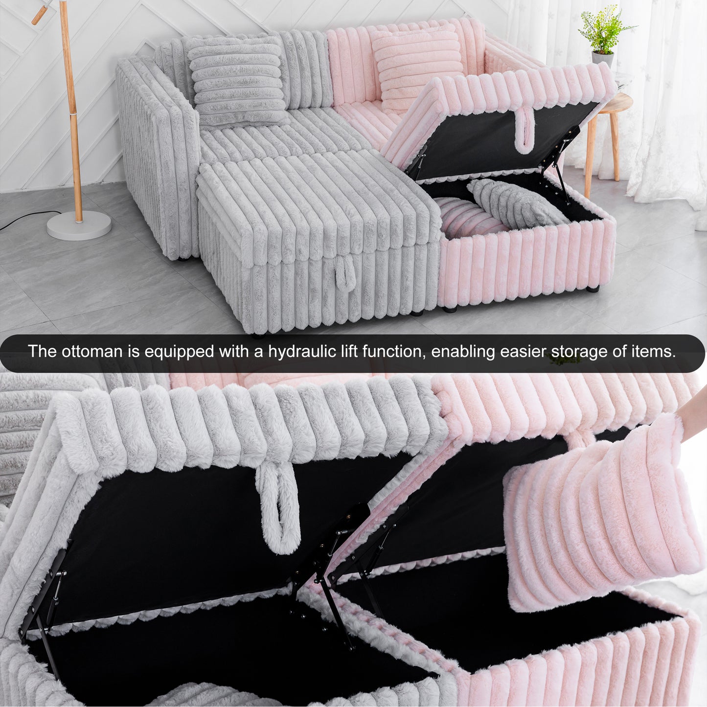 106.3" Soft  U-shaped 6-Person Sofa. Matches 30.7" Ottoman with Hydraulic Lift. Comfortable & Stylish. For Bedroom & Living Room. Light Pink.Modern Furniture. Modular Design.