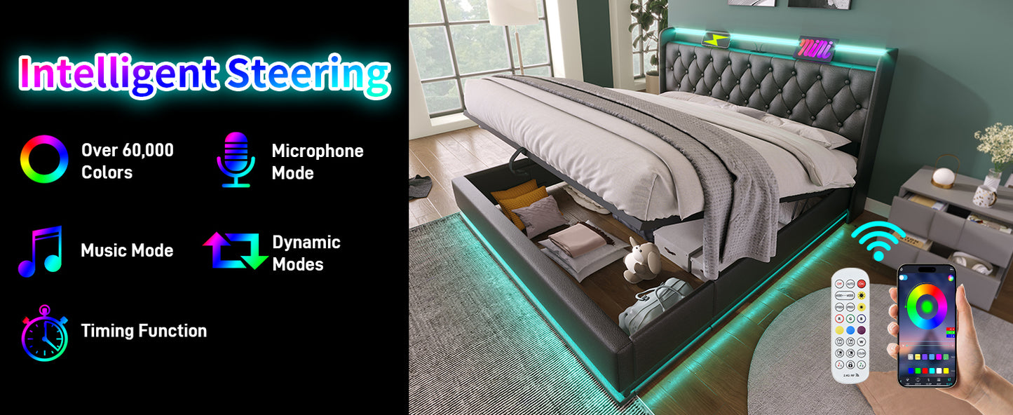 King size Upholstered bed, 360 surround LED function, Buttons/Apps/Remote Control, hydraulic storage bed with USB Type-C charging, Black, PU (Without mattress)