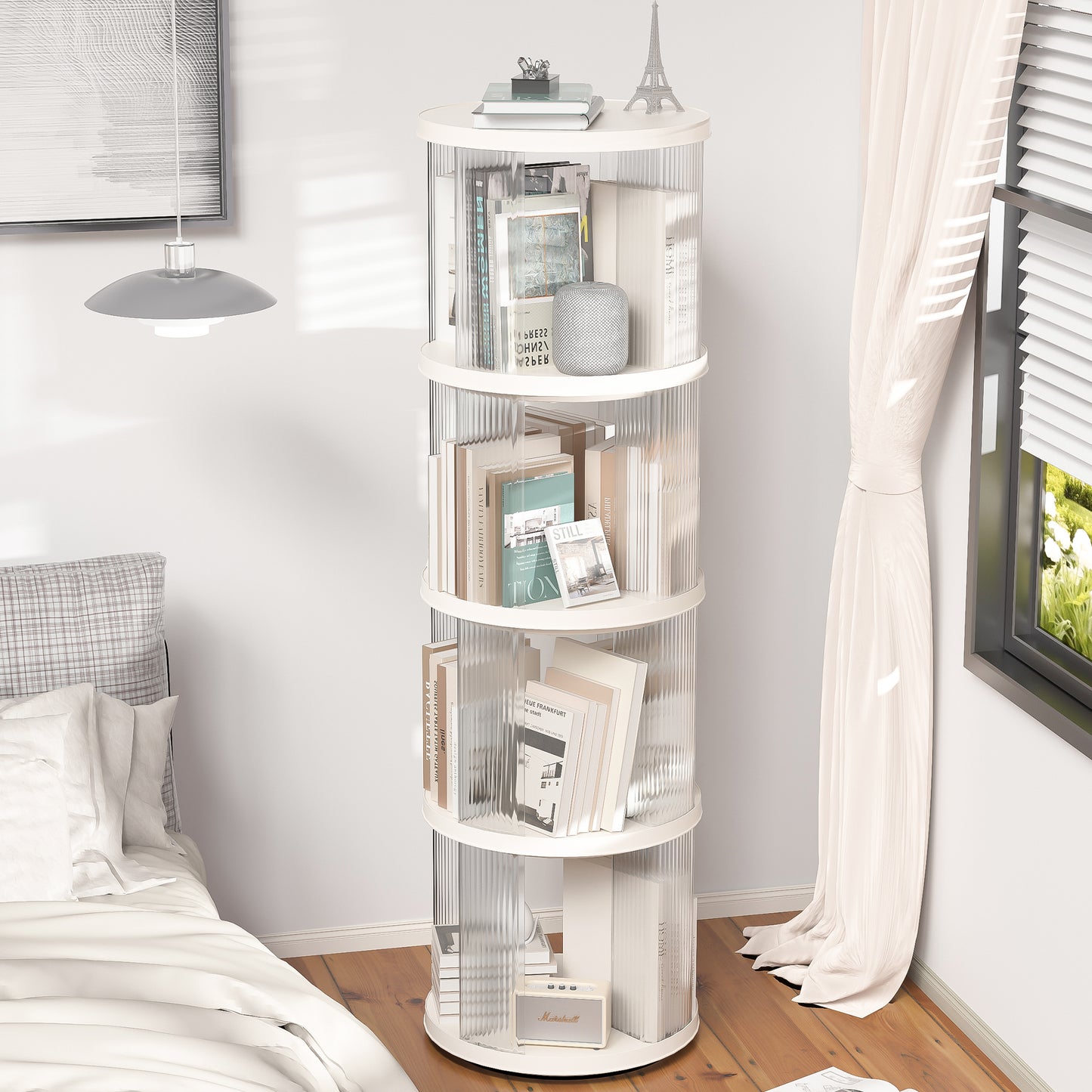 360° Rotating Bookshelf, Small Corner Bookcase with Small Footprint, 4 Tier Floor Standing Bookcasefor Kids&Adults,  Narrow Book Shelf Organizer for Bedroom, Living Room, Round, White