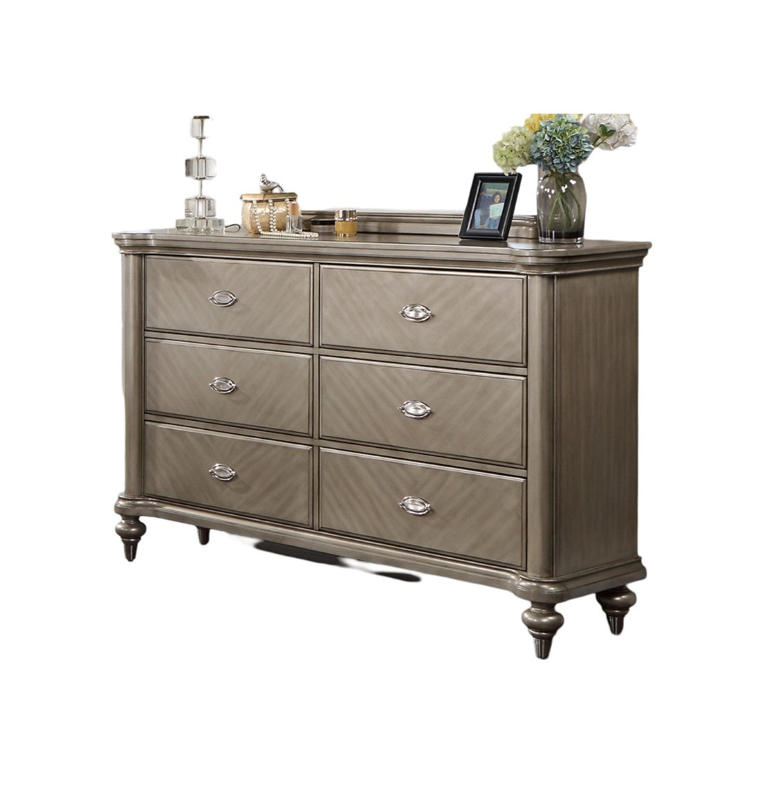 Luxury Antique Silver / Champagne Finish Dresser w Mirror Storage Space Drawers Bedroom Furniture