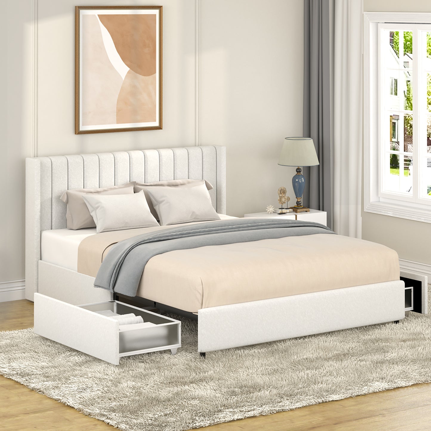 Same as B083P156197 Anda Patented 2-Drawers Storage Bed Queen Size Ivory Boucle Upholstered Platform Bed, Tufted Headboard, Wooden Slat Mattress Support, No Box Spring Needed