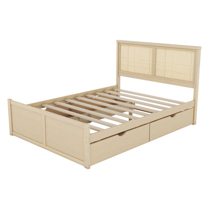 Queen Size Wood Storage Platform Bed with 4 Drawers, Rattan Headboard, Nature