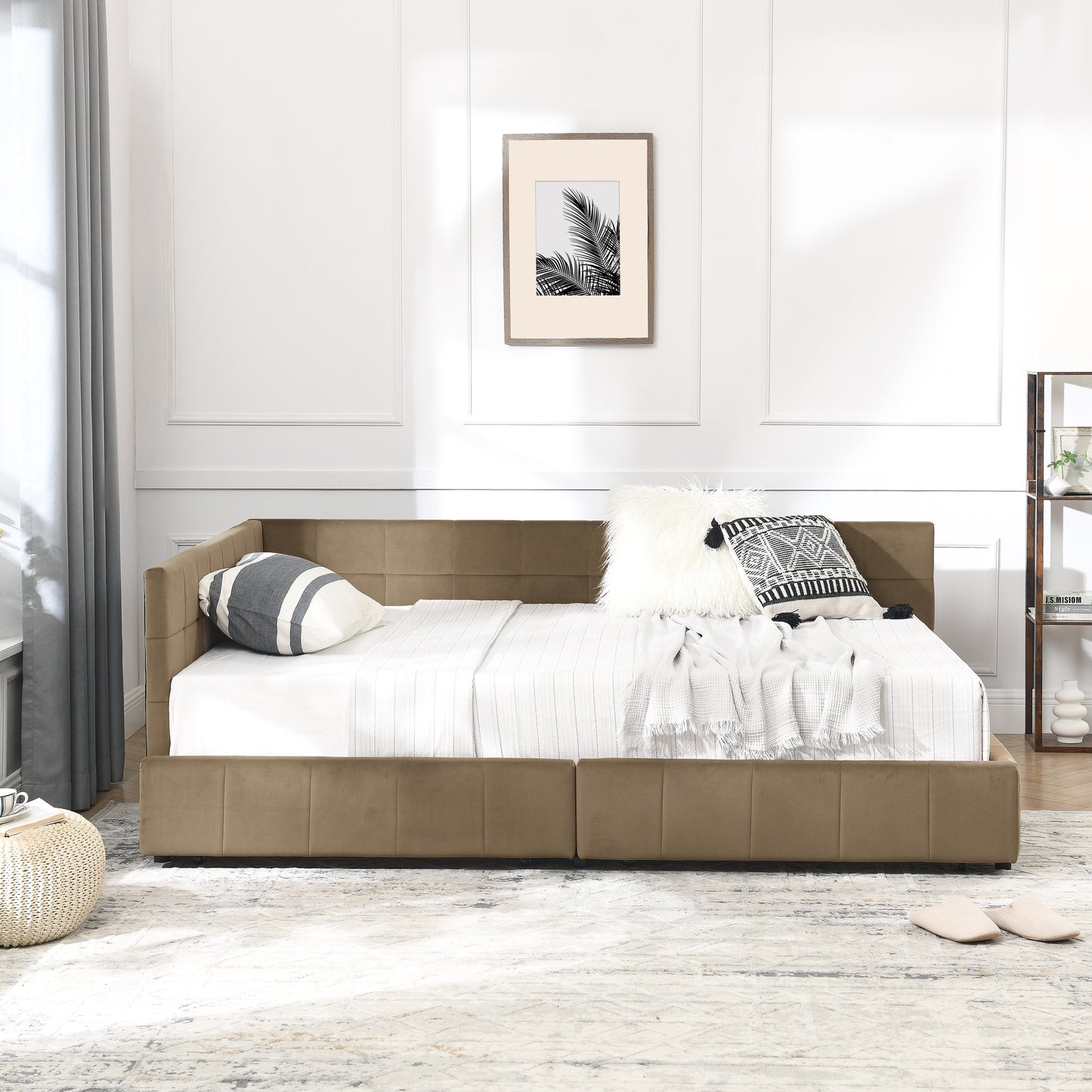 Full Size Storage Upholstered Tufted Bed Frame, Sofa Bed Frame with Comfortable Backrest and Armrests, Full Size Bed for Bedroom, Living Room,Velvet, BROWN(80.5''*59''*29.5'')