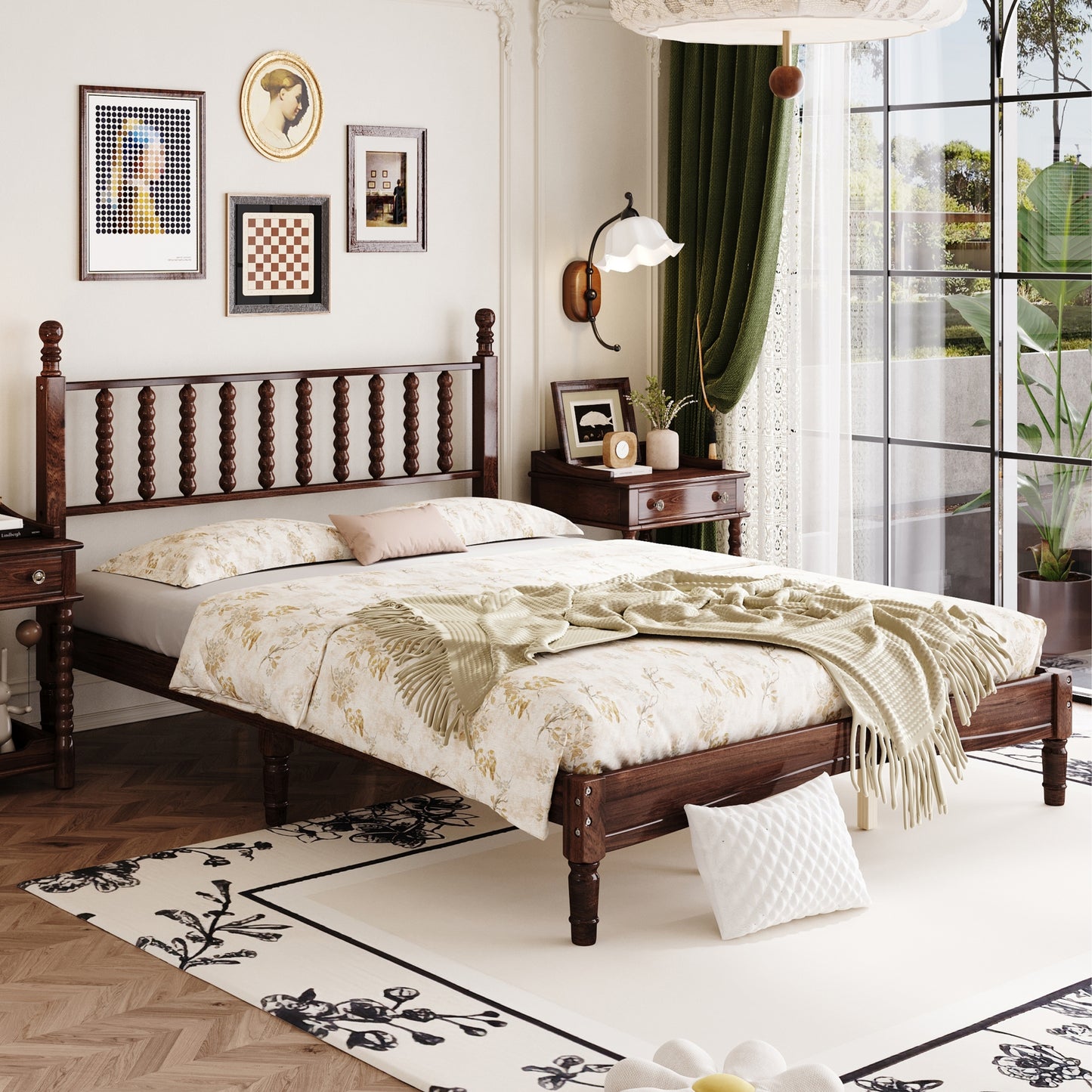 Queen Size Wood Platform Bed with Gourd Shaped Headboard,Retro Style Platform Bed with Wooden Slat Support,Walnut