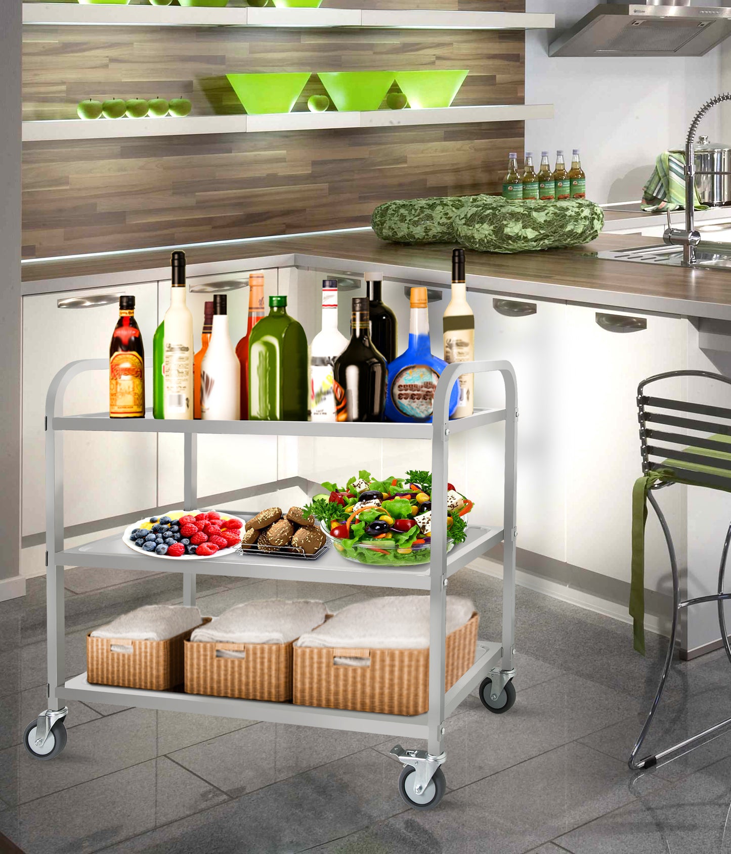 3-Tier Stainless Steel Cart, Serving Cart with Wheels, Restaurant, Household, Service Trolley, 360°Rotation Storage Cart with Locking Wheels 37.4 * 19.2 * 36.6'' L*W*H Rolling Kitchen Food Cart