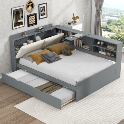 Wood Full Size platform bed with Trundle, Shelves and Storage Headboard, Gray