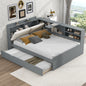 Wood Full Size platform bed with Trundle, Shelves and Storage Headboard, Gray