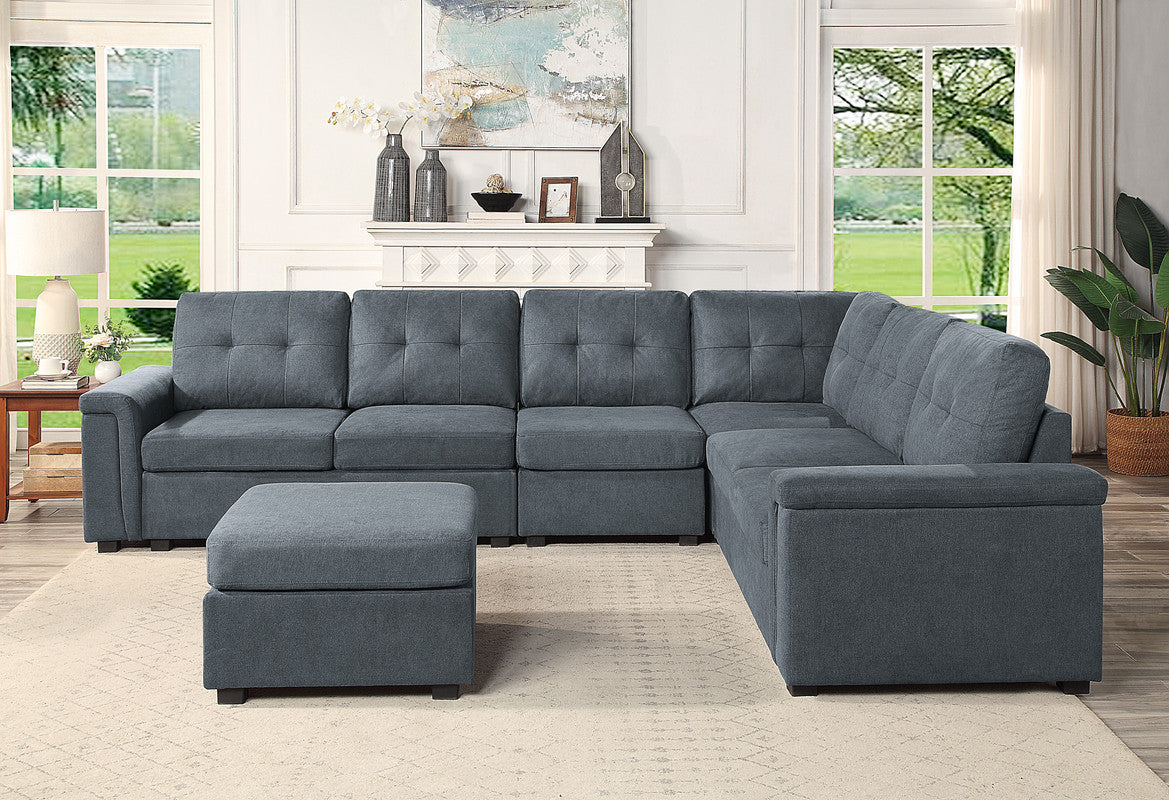 Isla 119" Gray Woven Fabric 7-Seater Sectional Sofa with Ottoman