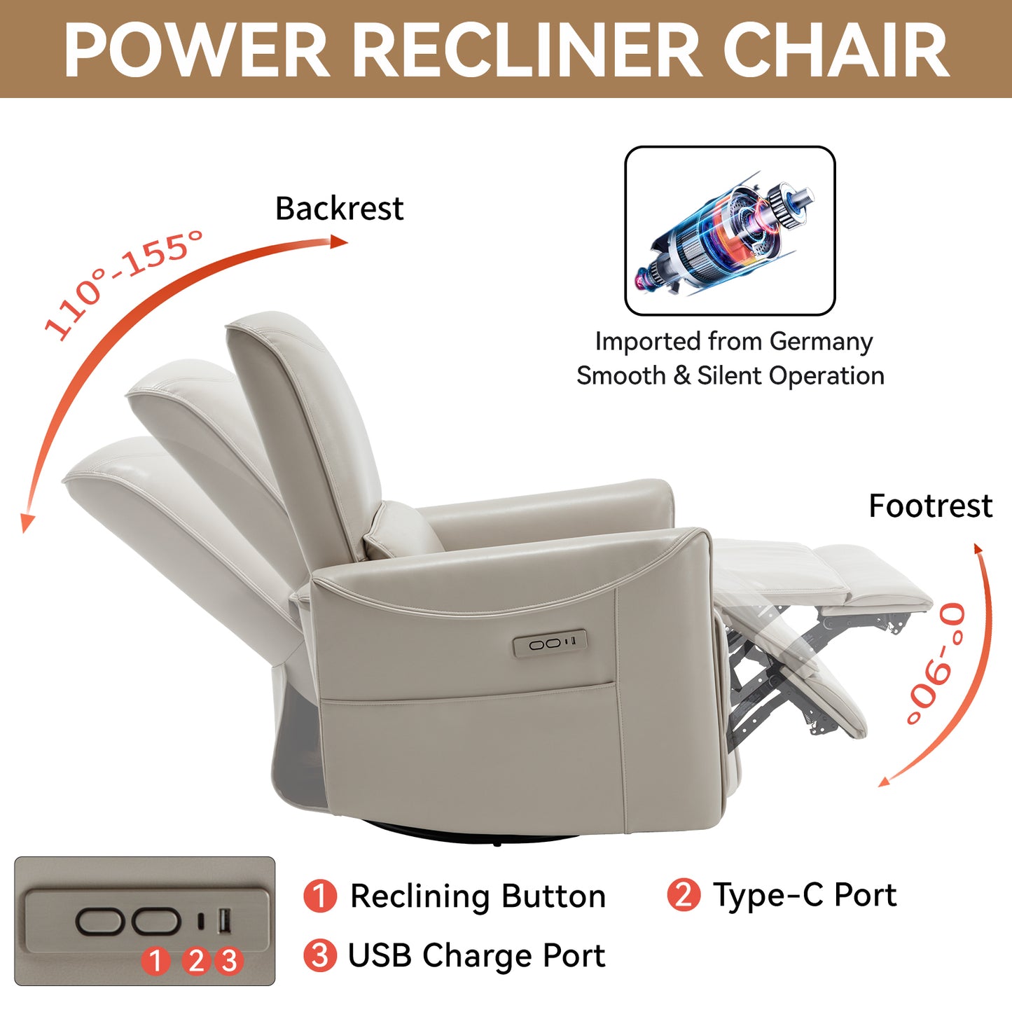 Beige Grey Leatheraire Swivel and Rocker Power Recliner Chair, Heavy Duty Motion Mechanism with USB and Type-C Ports