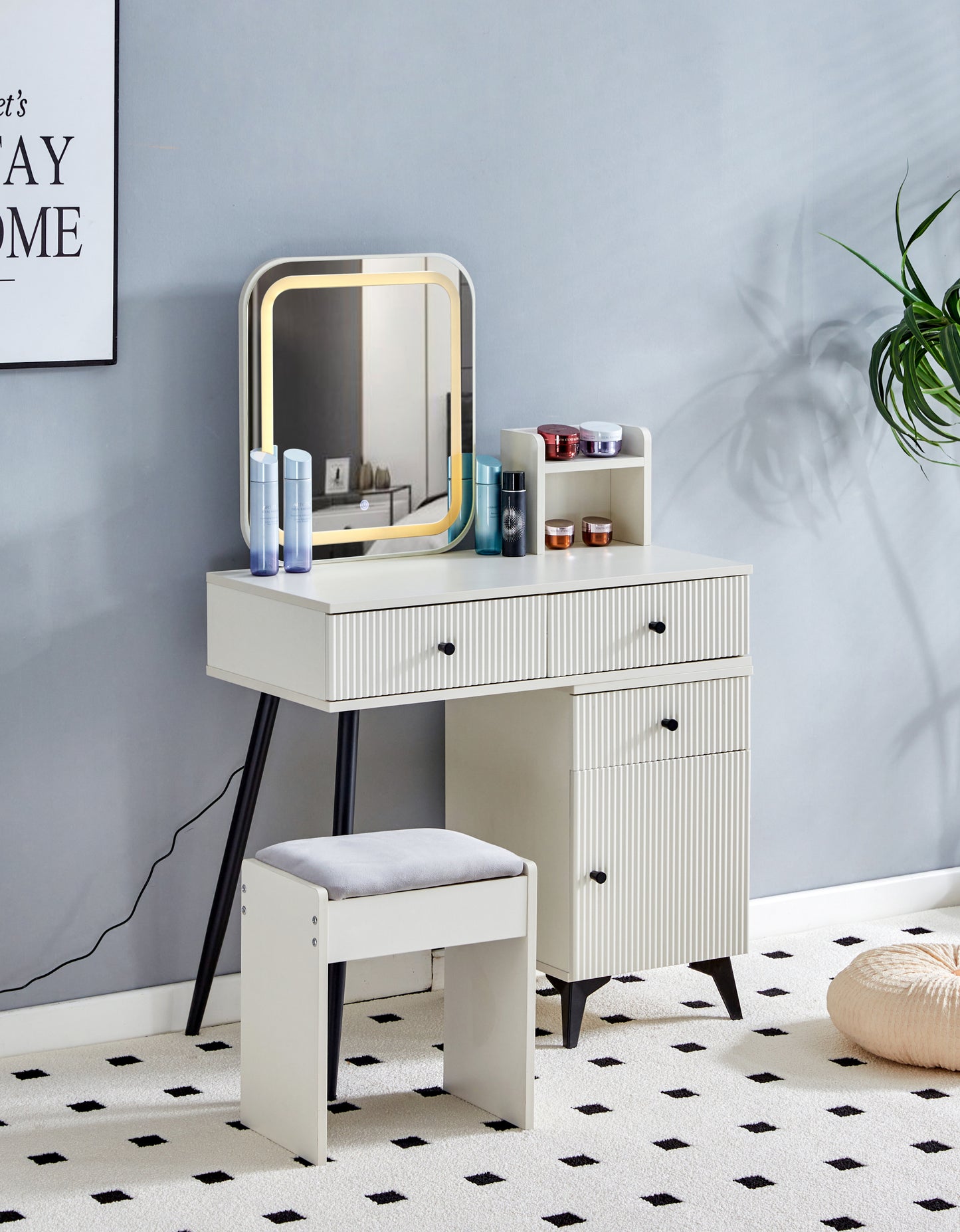 Fluted Makeup Vanity Desk with SQUARE LED  Mirror and Lights, Modern Glass Top Big Vanity Table with 4 Drawers & Adjustable Shelves, Dressing Table Set  with stools table with movable side table