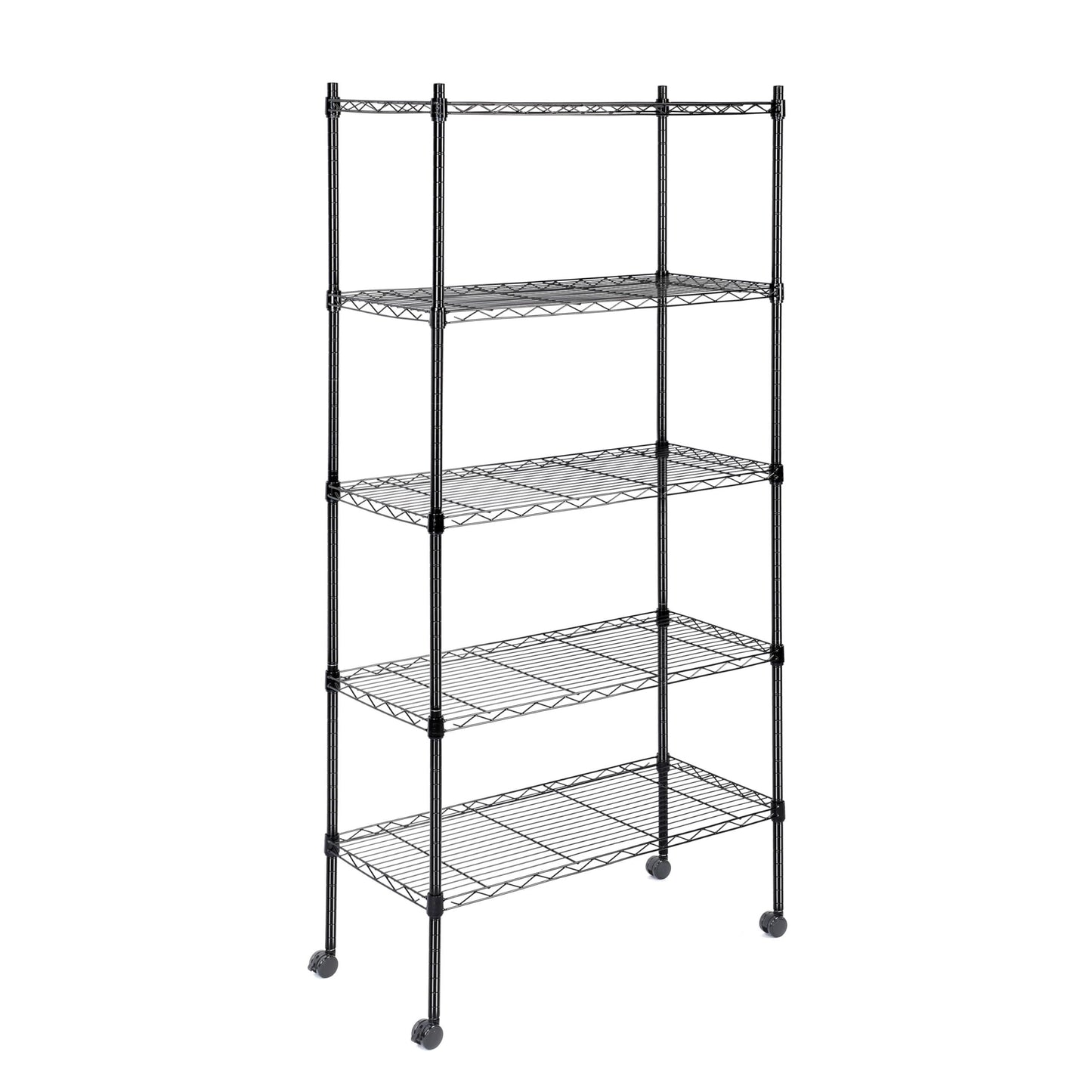 Heavy Duty 5-Tier Shelving Units Adjustable, Wire Shelf with 800 lbs Capacity (160 per Shelf), 24" D x 14" W x 59 "H, Black, 5 Levels, Storage Shelf with Wheels & Leveling Feet