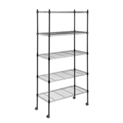 Heavy Duty 5-Tier Shelving Units Adjustable, Wire Shelf with 800 lbs Capacity (160 per Shelf), 24" D x 14" W x 59 "H, Black, 5 Levels, Storage Shelf with Wheels & Leveling Feet