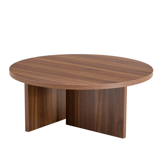 Versatile Walnut-Finished MDF Round Coffee Table for Diverse Interior Styles, Blending Modern Minimalism with Nordic Elegance, with Dimensions of 31.5*31.5*13.98 Inches.
