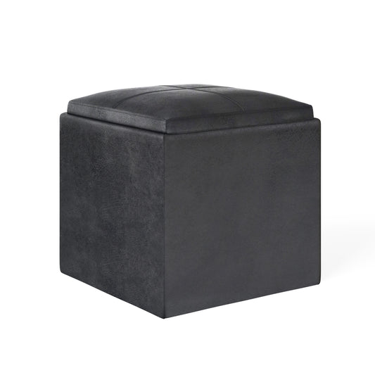 Rockwood - Cube Storage Ottoman with Tray - Distressed Black