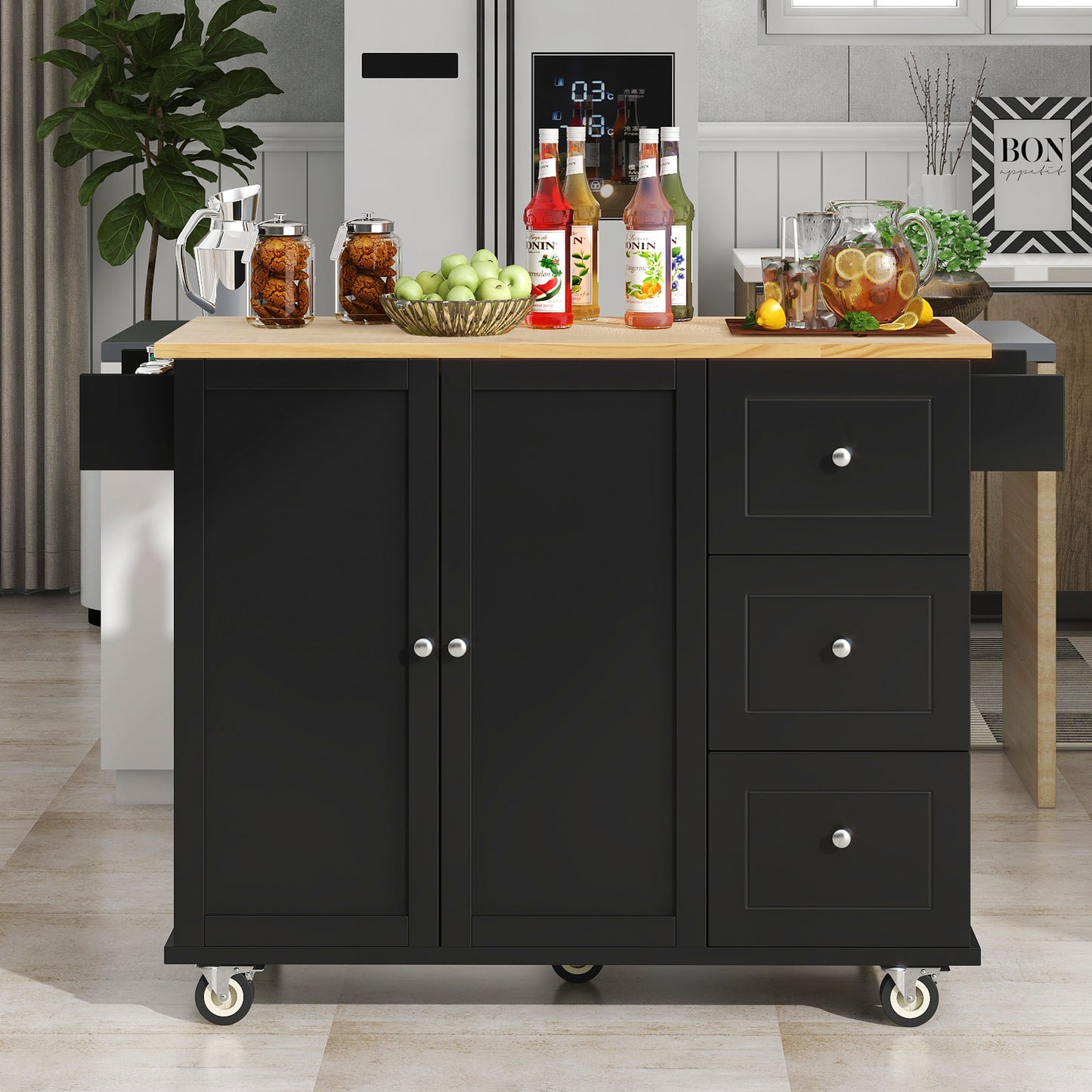 Rolling Mobile Kitchen Island with Solid Wood Top and Locking Wheels,52.7 Inch Width,Storage Cabinet and Drop Leaf Breakfast Bar,Spice Rack, Towel Rack & Drawer (Black)