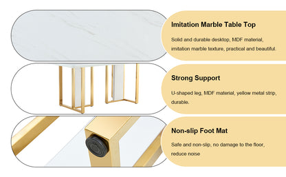 Table and chair set.67"x36" White marble pattern MDF Dining Table Set with 8 Black PU Chairs.MDF sticker,White marble pattern sticker,Gold C-tube chair legs,Suitable for kitchen,Dining room,etc.