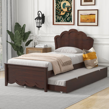 Twin Size Wood Platform Bed with Headboard and Twin Size Trundle, Cappuccino