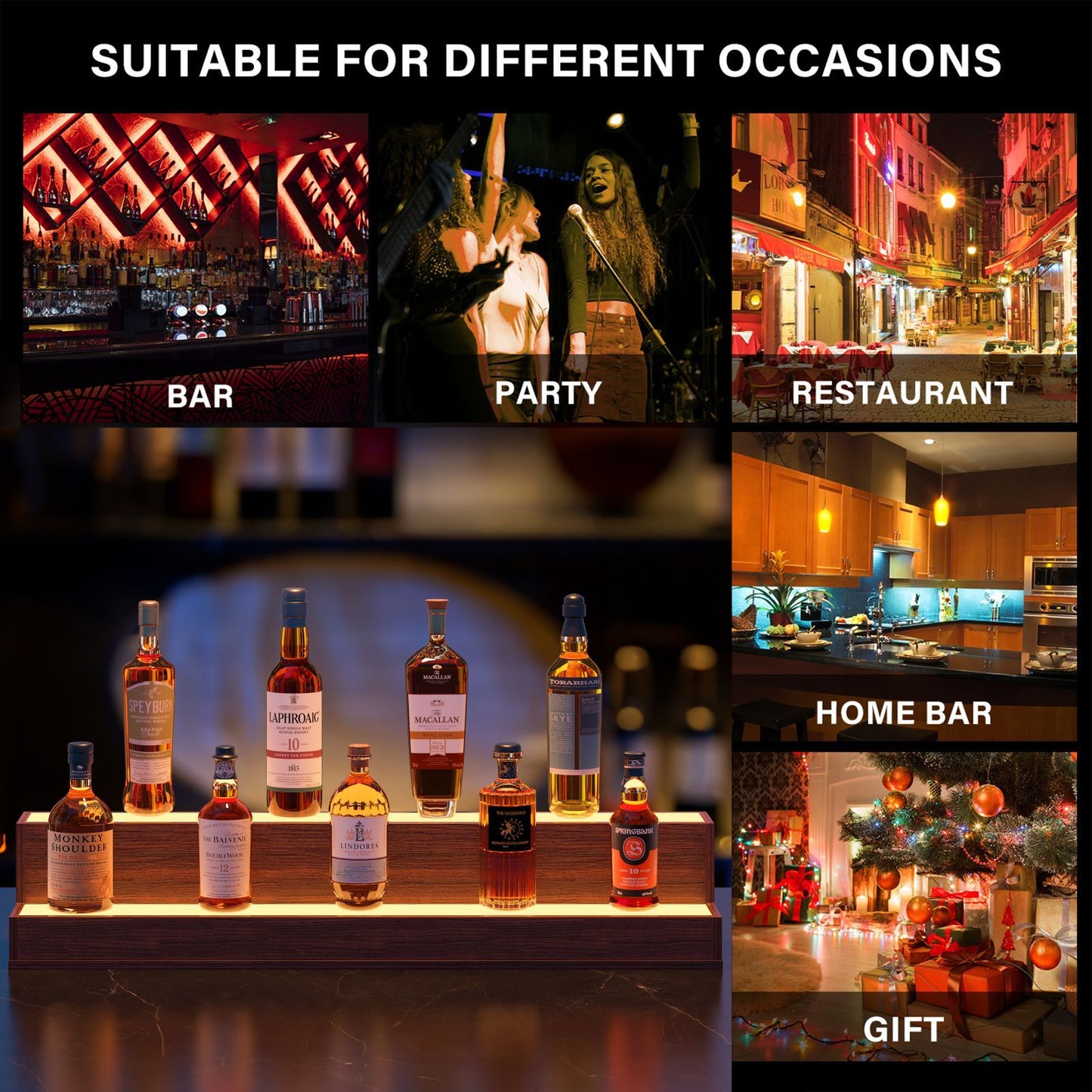 LED Lighted Liquor Bottle Display Shelf, 37 Inch Bar Display Shelf, DIY Illuminated Bottle Shelf with App & Remote Control, 2 Step Freestanding Holding Bottles for Home Bar, Party, Walnut