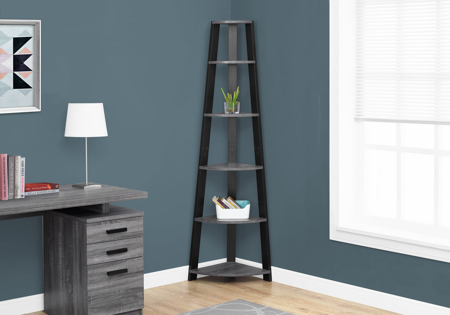 Bookshelf, Bookcase, Etagere, Corner, 5 Tier, 72"h, Office, Bedroom, Grey And Black Laminate, Contemporary, Modern