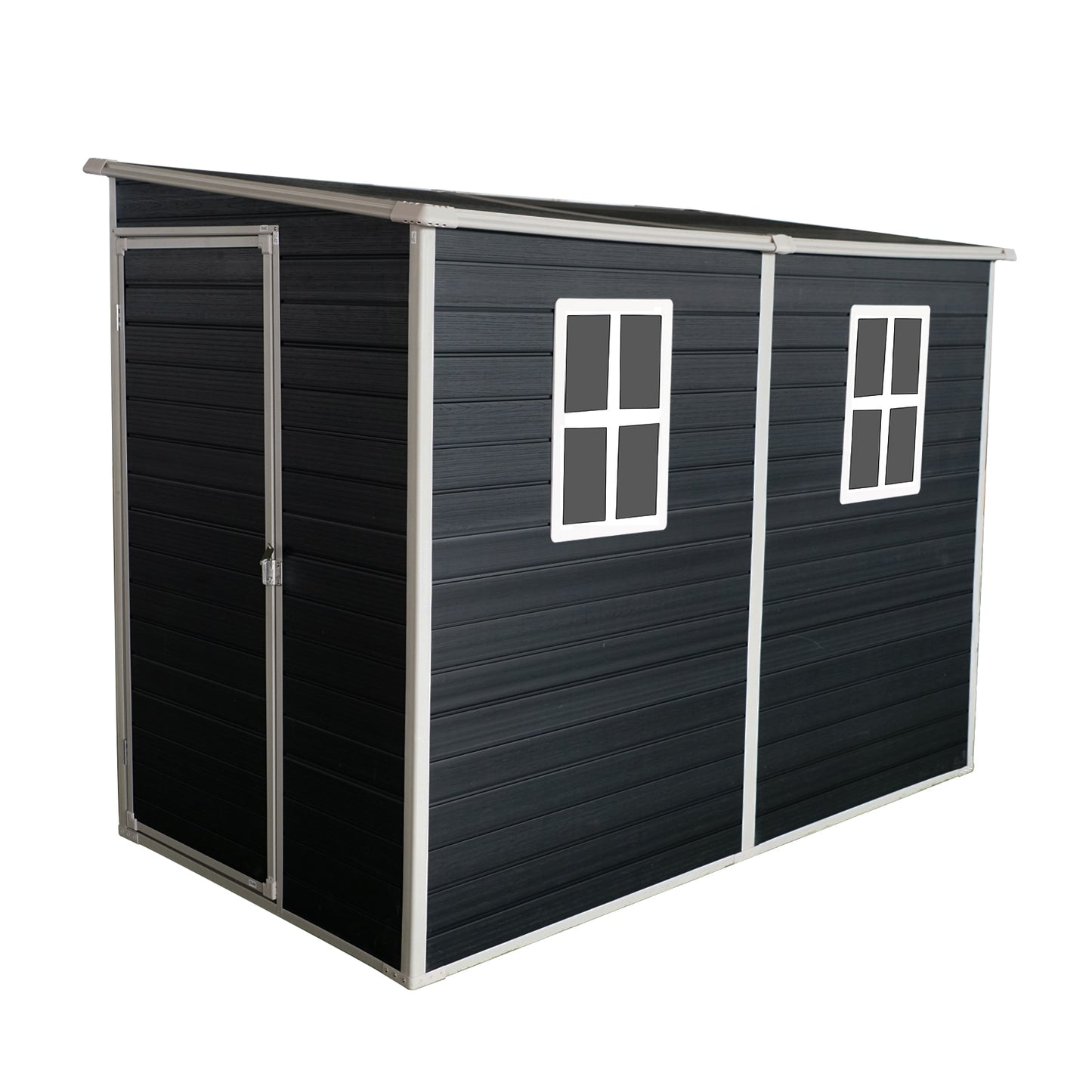 4x8ft Outdoor Storage Shed with Floor Resin shed with Two-Window, Waterproof ,Lockable Doors for Patio,Yard,Lawn ---Black