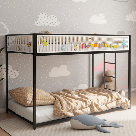 Adam Twin Twin Bunk Black with White Mesh Guard Rail for Kids and Adult, Low Profile and Easy Climbing with Stable Ladder