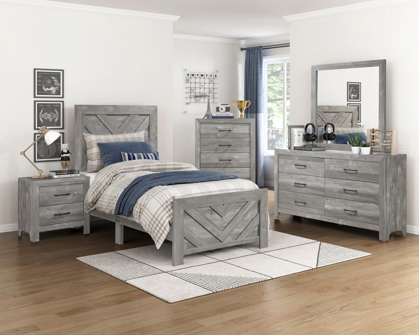 Contemporary Rustic Gray Finish Twin Size Panel Bed Wooden Bedroom Furniture 1pc, Bed in a Box